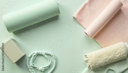 Soft Pastel Yoga Mat Towels and Accessories on Light Green Background