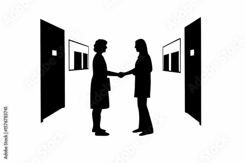 Two women shaking hands in a hallway with doors and framed art in black and white silhouette style