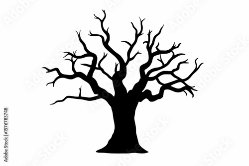 Silhouette of a bare tree with many branches extending upwards against a white background in a simple style