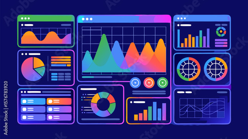 Colorful data visualization dashboards with charts and graphs on a dark blue background