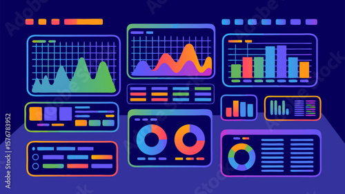Colorful illustration of various data visualization charts and graphs on a dark blue background