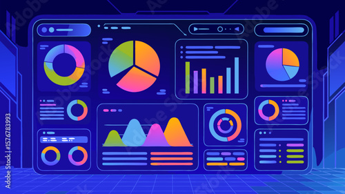Futuristic data visualization screen with charts, graphs, and digital information display