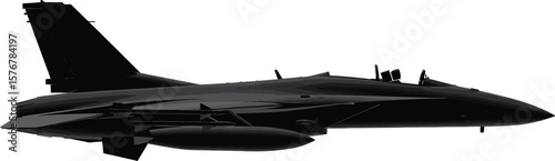 Side view of a black fighter jet against a plain white background