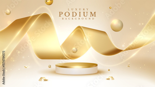 Empty elegant podium golden on cream color background with light neon effects and glow bokeh with gold ball decorations. Luxury scene design concept.