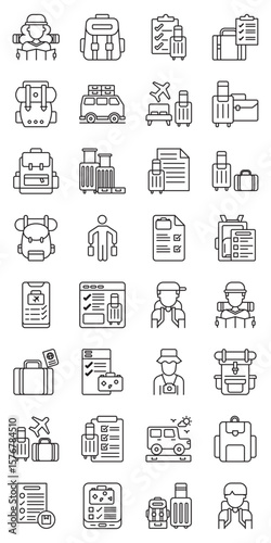 Backpacking Travel Essentials set of web icons in line style. backpacking essentials, travel backpack, packing list and lightweight gear. Vector illustration