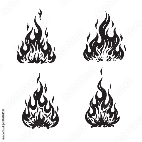 Four silhouetted black flames in varying shapes and styles on white background
