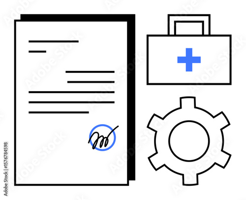 Document with signature, medical kit with a cross, and gear symbolizing healthcare contracts, medical services, and operational processes. Ideal for healthcare, workflow, process, contract approval