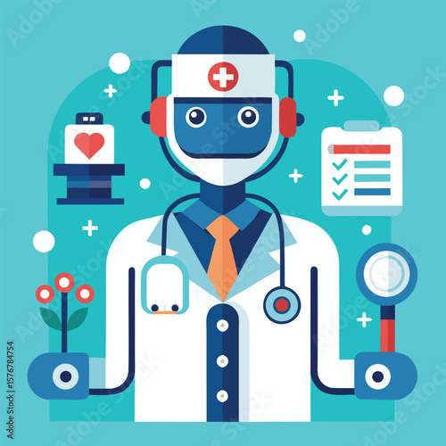 Illustrated doctor robot with medical tools and heart in a flat design style