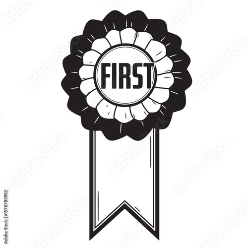 Monochrome illustration of a rosette award badge proclaiming first place achievement and victory