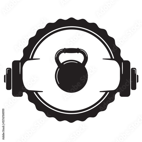 Monochrome gym logo featuring kettlebell and barbell elements within a circular emblem design