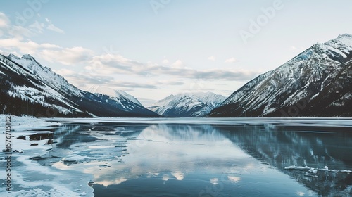 A serene winter lake lies in the midst of snow - covered mountains, with its shoreline frozen. The still water of the lake reflects the majestic peaks, and the white snow adds a touch of purity and tr