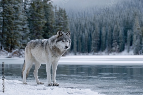 A lone wolf standing at the edge of a frozen lake under a full moon its fur dusted with