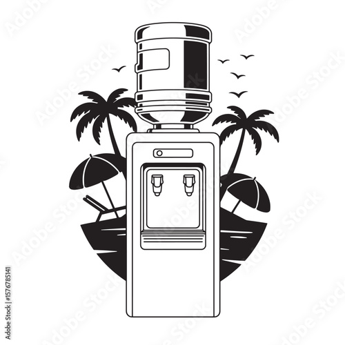 Refreshing beach scene depicting a water cooler with tropical palm trees and parasols