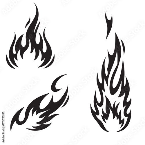 Set of black fire flames silhouettes on white background for decorative design elements