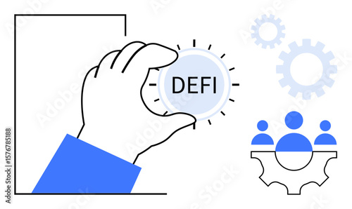 Hand holding DeFi coin, gear and teamwork icons symbolizing decentralized systems, collaboration, and innovation. Ideal for finance, blockchain, teamwork, technology, innovation economy business