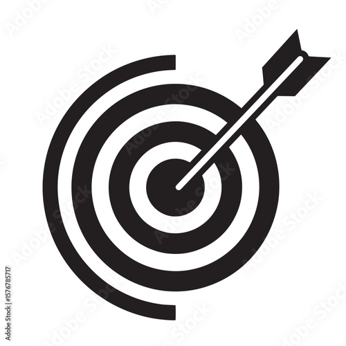 Simple black and white graphic of a bullseye target with an arrow hitting the center