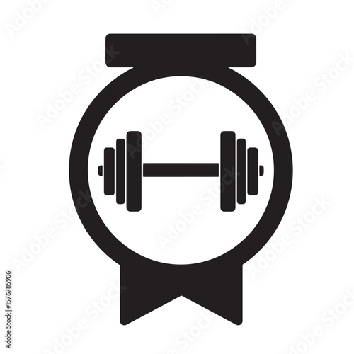 Simple vector icon depicting a gym medal with dumbbell and fitness training concept