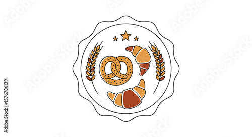Delicious baked goods collection featuring croissants and a pretzel with wheat stalks and stars a whimsical bakery emblem