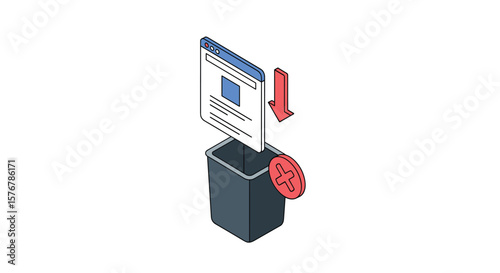 Digital information disposal process represented by a computer screen falling into a trash can with a red disposal symbol concept