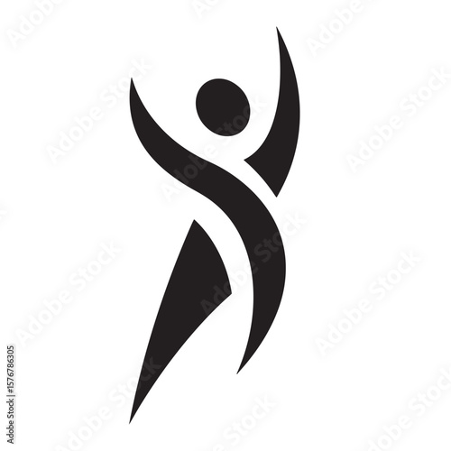 Stylized black and white logo depicting a person in celebration or triumph