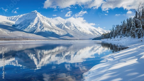 A serene winter lake lies in the midst of snow - covered mountains, with its shoreline frozen. The still water of the lake reflects the majestic peaks, and the white snow adds a touch of purity and tr