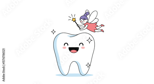 A cheerful cartoon tooth smiling brightly with a sparkly magic wand held by a tiny flying fairy illustration
