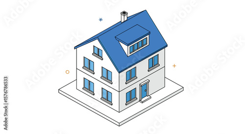 Modern residential architecture design featuring blue roof and multiple windows in isometric view