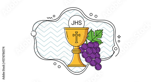 A religious chalice with grapes symbolizing communion and the sacrament of the eucharist celebration for christian worship services