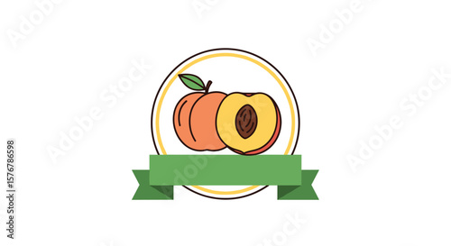 A delicious fresh peach cut in half showing its juicy interior and pit surrounded by a circle and a ribbon below for text an ideal representation of fruit nature and healthy eating choices