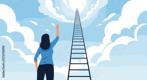 A determined woman ascends a vast stairway leading towards a bright sky a metaphor for ambition and reaching higher goals