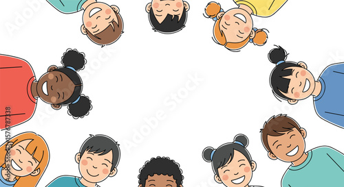 A circle of diverse happy children smiling and laughing together in a joyful celebration of childhood friendship and unity