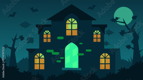 Spooky haunted house in dark woods under a moonlit Halloween night sky vector illustration