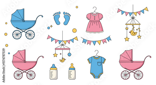 Collection of adorable baby shower decorations featuring strollers outfits and mobiles for celebrations
