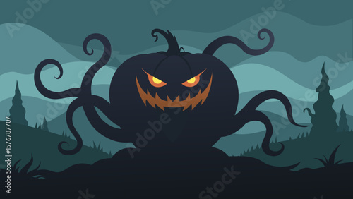 Spooky Halloween night with a scary pumpkin lantern, bats, and a black cat silhouette, perfect for an autumn holiday vector illustration