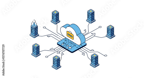 Distributed cloud computing architecture featuring centralized data storage connected to multiple servers and network infrastructure elements