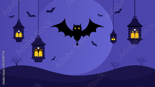Spooky Halloween night with a haunted house and castle silhouettes under a full moon, featuring bats, pumpkins, and a dark, scary autumn tree illustration