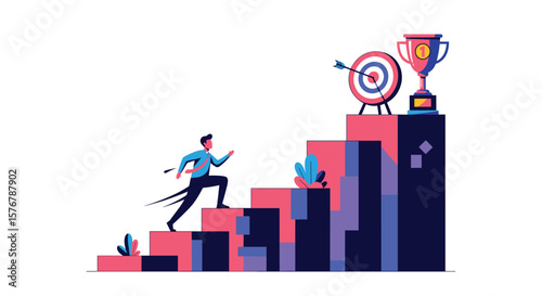 Man climbing steps towards target and trophy symbolizing success career growth achievement and personal development journey