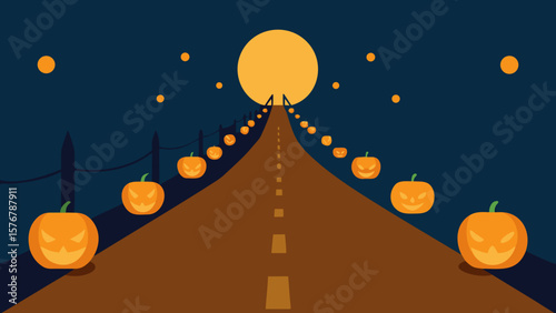 Spooky Halloween Road Jack-o'-lanterns illuminate the path to a mysterious moonlit night