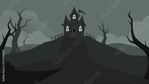 Spooky Halloween Castle Illustration Mysterious Hilltop Manor in Shadowy Landscape