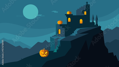 Haunted Castle on a Clifftop Spooky Halloween Night Illustration