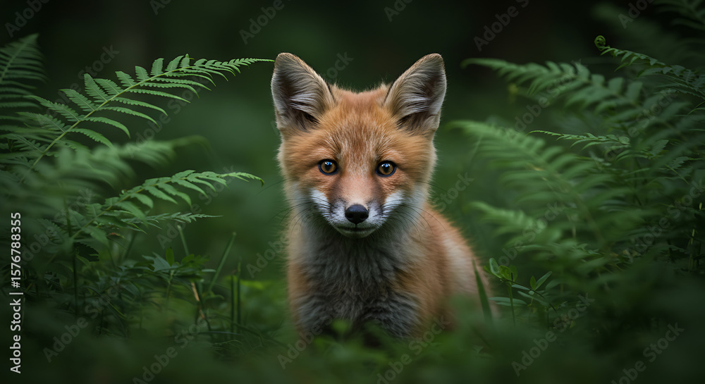 Fototapeta premium Fox Cub Peeking Through Ferns in Soft Forest Light