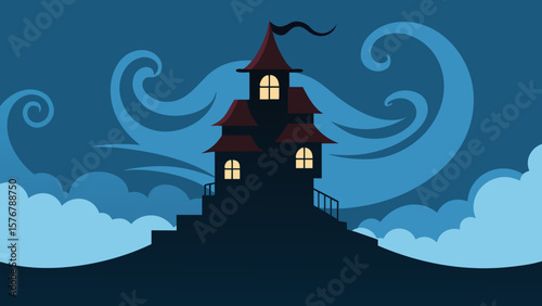 Mysterious Haunted House Silhouette in a Whimsical Night Sky