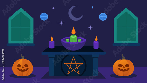 Mystical Night Halloween Altar with Pentagram and Candles