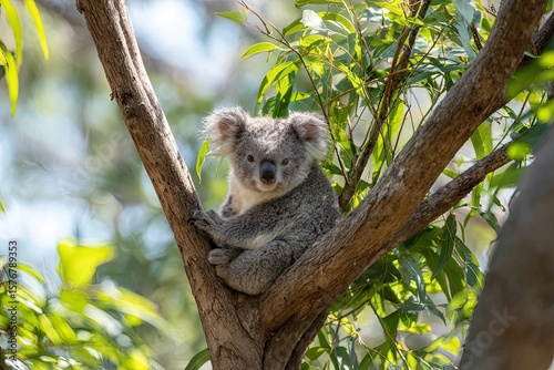 A serene koala nestled in the crook of a eucalyptus tree its soft fur glowing in the early morning