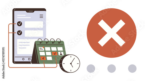 Phone displaying task checks and calendar with date marks and clock alongside cancel icon. Ideal for productivity, scheduling, planning, time management, deadlines, workflow, reminders, simple flat
