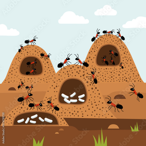 Illustration of ants working inside and around anthills with visible tunnels and larvae. Educational flat design showing ant colony life and underground nest structure
