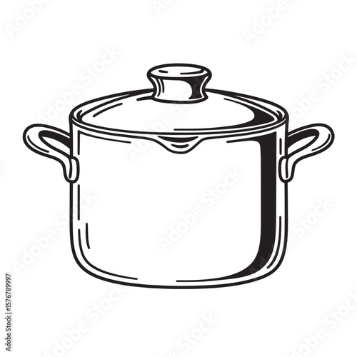 Black and white drawing of a cooking pot with handles and lid kitchenware cookware