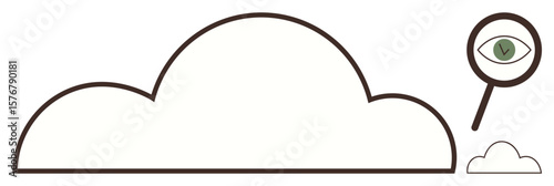 Large outlined cloud shape with magnifying glass showing an eye and checkmark. Ideal for data security, analytics, cloud computing, monitoring, research, inspection, exploration. Simple flat metaphor