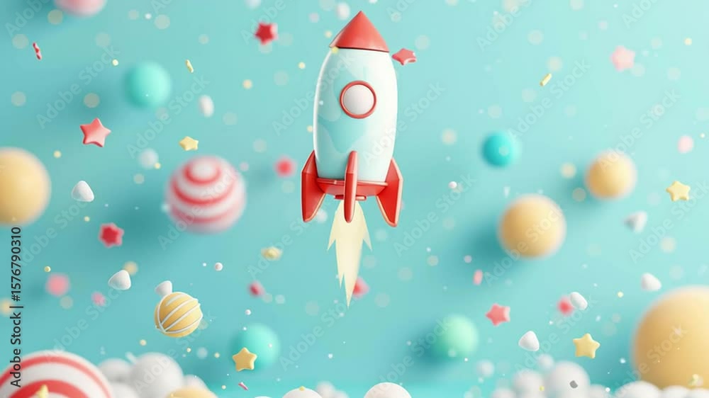 Adorable 3D candy rockets in vibrant colors, playful and cute