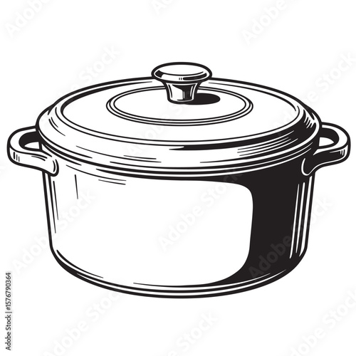 Black and white illustration of a cooking pot with a lid and handles kitchenware cookware